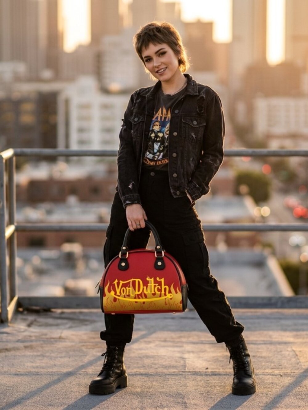 Von Dutch City Of Angels Red & Yellow Small Bowling Handbag NWT